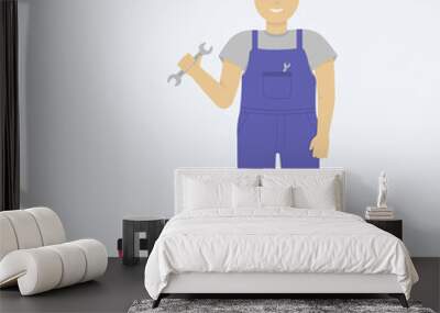 Flat illustration of male mechanic, repairman in overalls with wrench and tool case. Wall mural