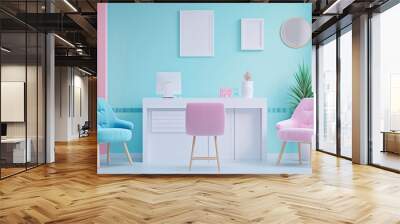 Interior of modern living room in pink and blue colors Wall mural