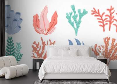 Set of 8 elements of underwater planting. Bright colorful set of seaweed and corals. Modern flat illustration. Wall mural