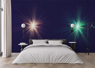 Crystal star. Crystal ray light, sun shines rainbow red yellow and blue color. Optical fire light effect. Vector lens glare leakage glare reflection effect. sunlight sparkle shine. Sunbeam Wall mural