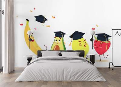 Cute cartoon fruits in graduation caps celebrating graduation. Vector illustration Wall mural