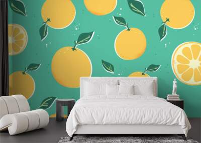 Cute seamless pattern with fresh oranges. Vector cartoon illustration Wall mural