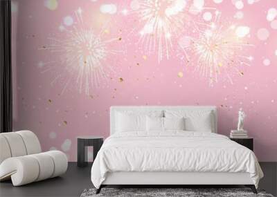 Festive background with fireworks and lights in pink and gold colors. Vector illustration Wall mural