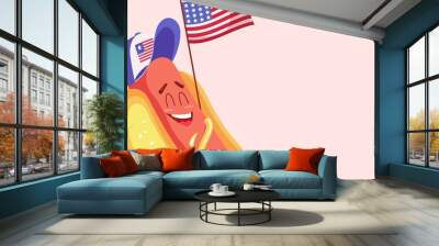 Funny cartoon hot dog with usa flag. Vector illustration Wall mural