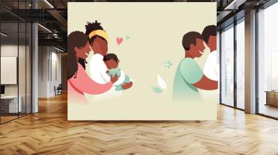 Vector Illustration Of Happy Gay Male and Female Couples Holding Adopted Babies In Arms. Lesbian and Gay Parents concept. Wall mural