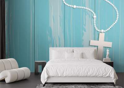 White beads and cross on blue rustic wooden background. Vector illustration Wall mural