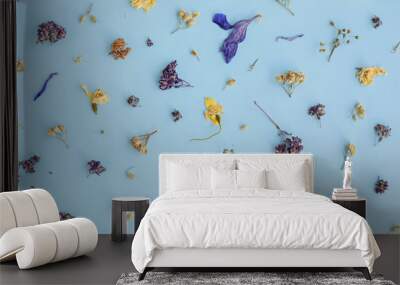 Dried flowers pattern on blue background. Floral pattern. Wall mural