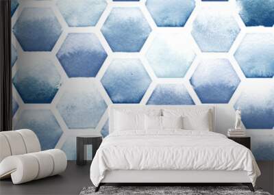 Hexagon pattern of blue colors on white background. Watercolor seamless pattern Wall mural