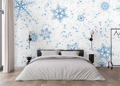 Watercolor blue snowflakes on white background . Hand-painted seamless pattern for Happy New Year and Merry Christmas Wall mural