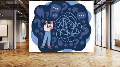 Cartoon vector illustration of Man Unravel the Tangle of Problems. He Working on Relationship. Solves problems and unravels the big thread over dark background Wall mural