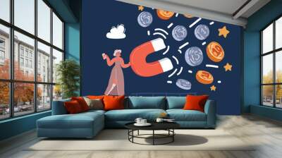 Cartoon vector illustration of woman holding a big magnet and attracting money. Investment attraction. Magnetic force. Earn money. Profit, income. various world currencies. Wall mural