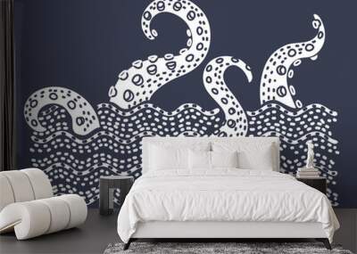 Giant evil kraken absorbs commercial sailing ship, silhouette octopus sea monster with tentacles Wall mural