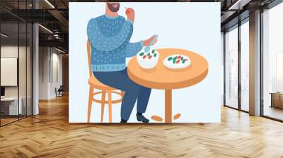 Hipster man eating healthy vegetable salad.  Wall mural