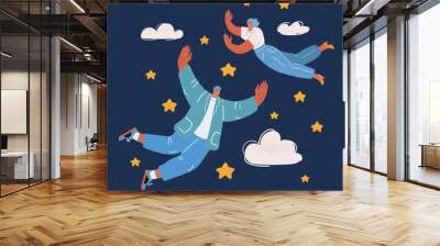 Vector illustration of Aim to success Businessman and woman fly up away high in the starry sky over dark backround. Wall mural