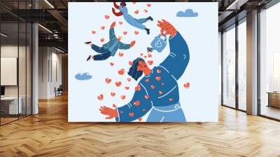 Vector illustration of Care, Young happy loving happy man woman love themselves. Self caring love and happy people Wall mural