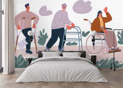 vector illustration of disabled people with disability, therapy, reabilitation. man on crunch, woman Wall mural