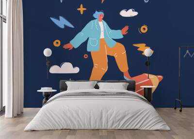 Vector illustration of Girl flies on a giant pencil. Creativity and achievement of creative goals. Design startup over dark background. Wall mural