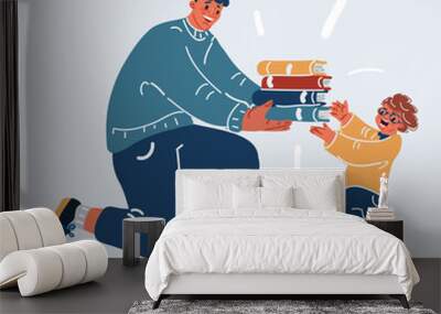 Vector illustration of man offering stack of books to little student boy. Wall mural