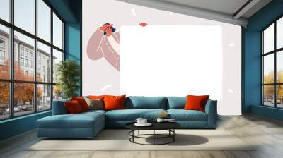 Vector illustration of Place For Your Ad. Smiling woman holding empty blank board. Happy lady standing with white square paper for template Wall mural