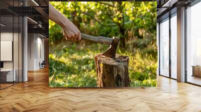 a man's hand holds an ax stuck in a stump Wall mural