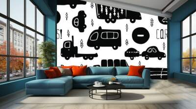 Vector seamless pattern with black silhouette of cars and trucks on a white background Wall mural