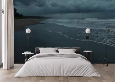  A quiet beach with heavy rain pounding the sand, waves crashing against the shore under a dark, stormy sky --ar 3:2 --v 4 Wall mural