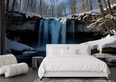 /imagine: A serene winter waterfall, water flowing gently over frozen rocks, surrounded by snow-covered trees under a clear blue sky --ar 3:2 --v 4 Wall mural