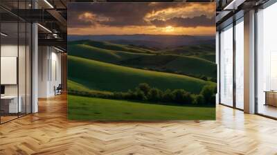 A panoramic view of rolling green hills under a dramatic sunset sky --ar 3:2 --v 
 Wall mural