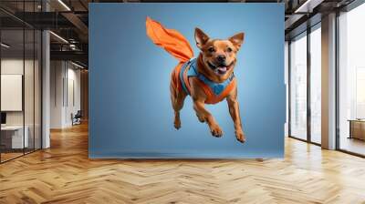 An energetic orange dog in a superhero costume, soaring through the air with a light blue backdrop, looking determined --ar 3:2 --v 4 Wall mural