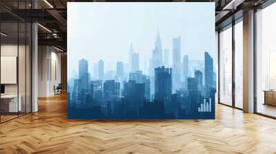 A Blue and Silhouetted City Skyline with a Few Buildings Emphasized Wall mural