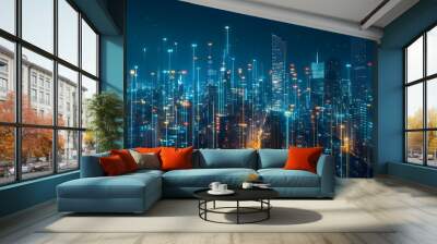 A futuristic cityscape with neon lights and digital lines at night Wall mural