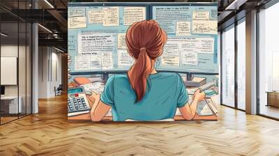 A Woman Working at a Desk Surrounded by Papers and a Computer Wall mural