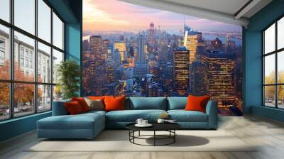 Aerial View of Manhattan Skyline at Sunset with Illuminated Buildings Wall mural