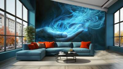 An open hand sticks out into the picture and color smoke fly out of it, dark background Wall mural