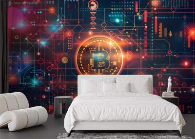 Bitcoin with glowing lights..Gold bitcoin symbol. Coins on black background. Wall mural