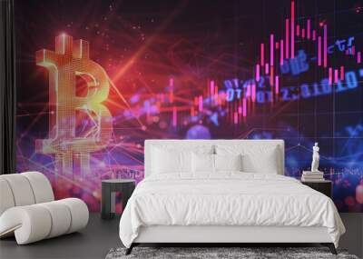 Bitcoin with glowing lights..Gold bitcoin symbol. Coins on black background. Wall mural