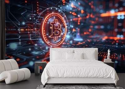 Bitcoin with glowing lights..Gold bitcoin symbol. Coins on black background. Wall mural