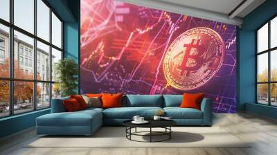 Bitcoin with glowing lights..Gold bitcoin symbol. Coins on black background. Wall mural