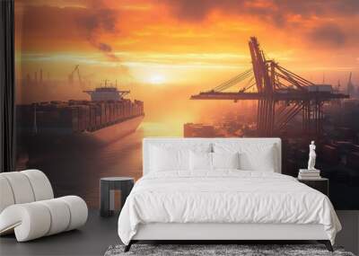 Cargo Ship at Sunset with Cranes and Container Terminal Wall mural