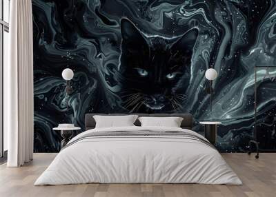 cat eyes glow in the dark on a black background. Wall mural