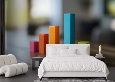 Colorful Block Bar Chart on Wooden Surface Wall mural