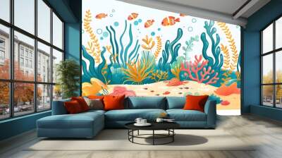 Coral reef design elements isolated on white background. Modern cartoon illustration of underwater seabed or aquarium bottom design elements, colorful aquatic plants collection, marine nature life Wall mural