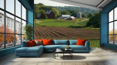 Farm Buildings and Field with Newly Planted Crops Wall mural