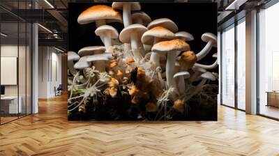 Glowing mushrooms on bark in dark forest with fireflies Wall mural