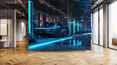 Power supply connect to electric car for add charge to the battery. Charging re technology industry transport which are the future of the Automobile. Wall mural