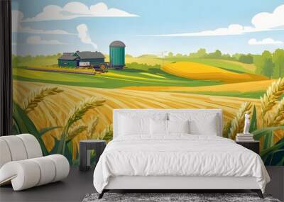 Rural Farm Scene with Wheat Field and Farm Buildings Wall mural