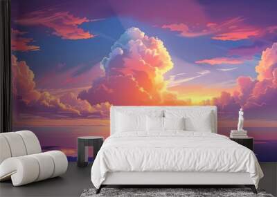 Sea sunset. Tropical landscape with ocean, sky and clouds in red light of evening sun. Vector cartoon summer seascape with orange reflection in water and coastline silhouette on horizon Wall mural