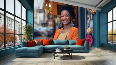 Smiling Woman Standing In Shop Doorway Wall mural