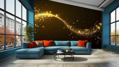 Stars with glowing golden sparkles, vector light effects on black background. Bright shining glitter sparks of gold stars with waves of sparkling dust trail, Christmas, magic or space themes  Wall mural