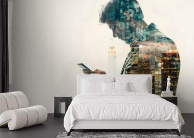 The double exposure image of the business man holding phone sunrise overlay with cityscape image.  Wall mural